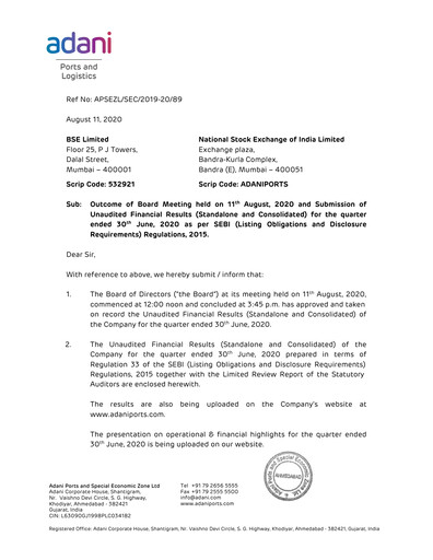 Miniature Adani Ports & SEZ Rapport trimestriel 2020-q1