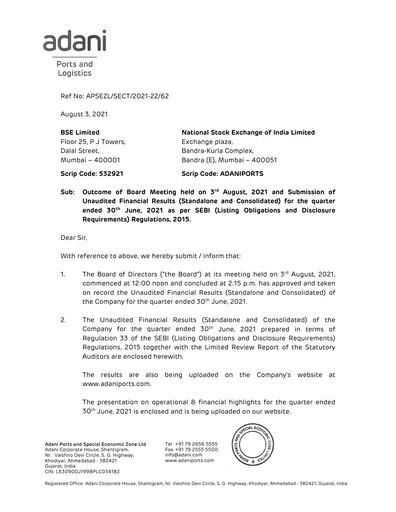 Miniature Adani Ports & SEZ Rapport trimestriel 2021-q1
