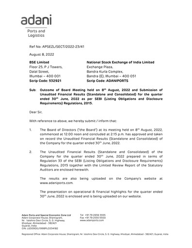 Miniature Adani Ports & SEZ Rapport trimestriel 2022-q1