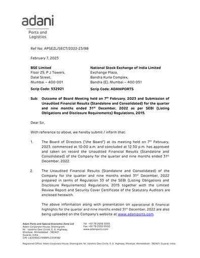 Miniature Adani Ports & SEZ Rapport trimestriel 2022-q3