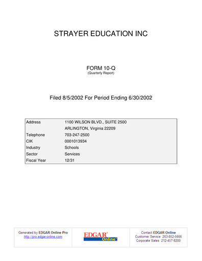 Thumbnail Strategic Education
 Quarterly Report fy2002-q2