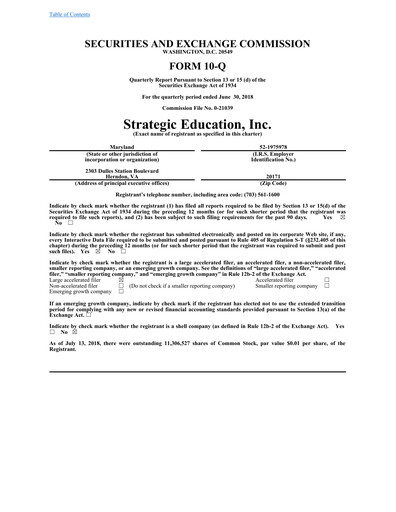 Thumbnail Strategic Education
 Quarterly Report fy2018-q2