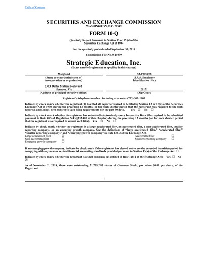Thumbnail Strategic Education
 Quarterly Report fy2018-q3