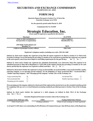 Thumbnail Strategic Education
 Quarterly Report fy2019-q1