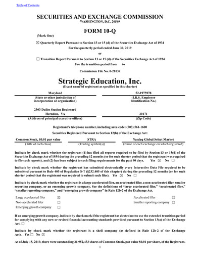 Thumbnail Strategic Education
 Quarterly Report fy2019-q2