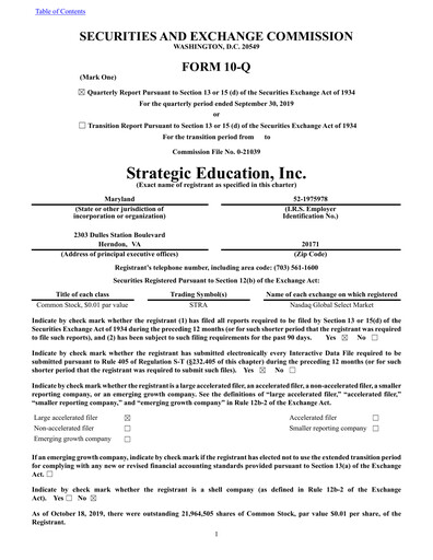 Thumbnail Strategic Education
 Quarterly Report fy2019-q3