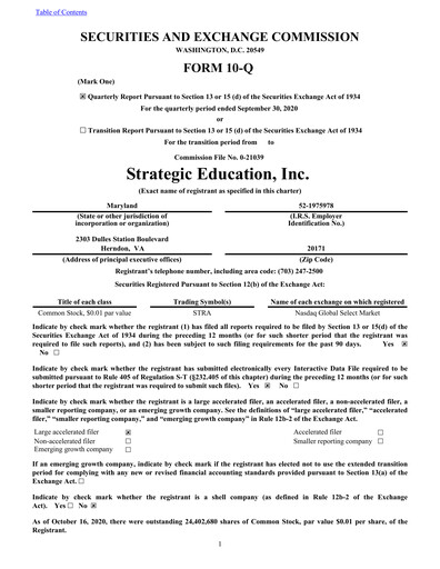 Thumbnail Strategic Education
 Quarterly Report fy2020-q3