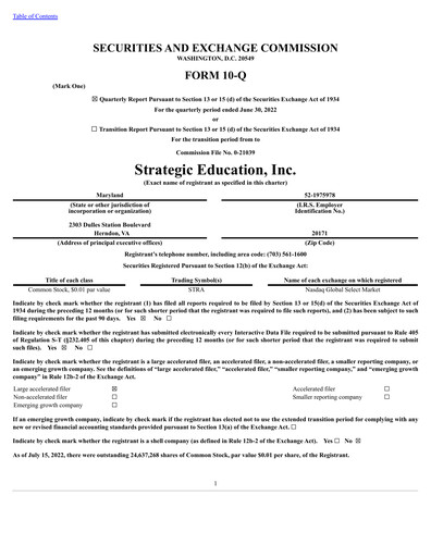 Thumbnail Strategic Education
 Quarterly Report fy2022-q2