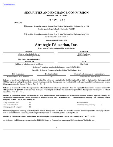 Thumbnail Strategic Education
 Quarterly Report fy2023-q3