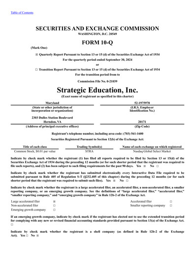 Thumbnail Strategic Education
 Quarterly Report fy2024-q3