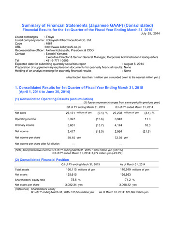 Thumbnail KOBAYASHI Pharmaceutical Quarterly Report 2015-q1