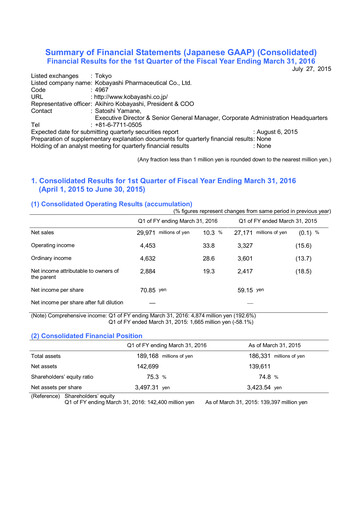 Thumbnail KOBAYASHI Pharmaceutical Quarterly Report 2016-q1