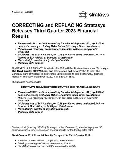 Vorschaubild Stratasys Quartalsbericht 2023-q3