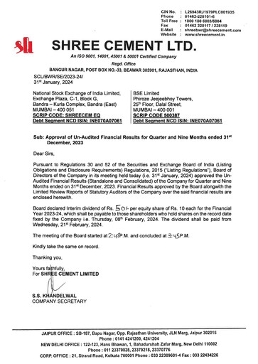 Miniature Shree Cement
 Rapport trimestriel 2023-q3
