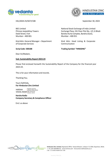 Thumbnail Hindustan Zinc
 Sustainability Report 2023-2024