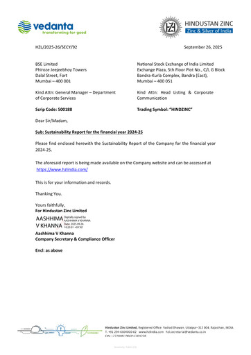 Thumbnail Hindustan Zinc
 Sustainability Report 2025