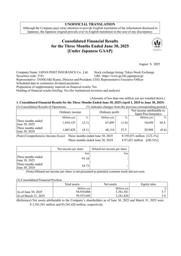 Thumbnail Japan Post Insurance
 Quarterly Report 2025-q1