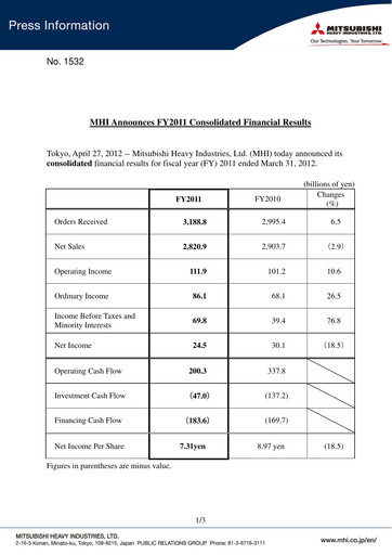Miniature Mitsubishi Heavy Industries Rapport financier 2011