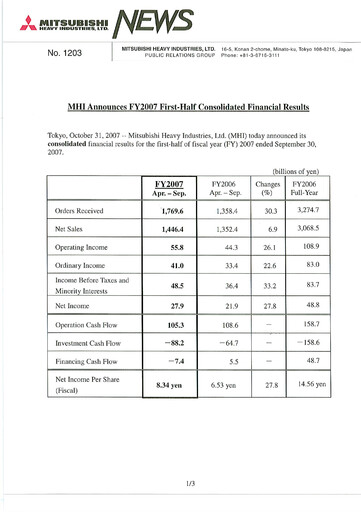 Miniature Mitsubishi Heavy Industries Rapport semestriel 2007-h1