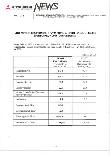 Miniature Mitsubishi Heavy Industries Rapport trimestriel 2008-q1