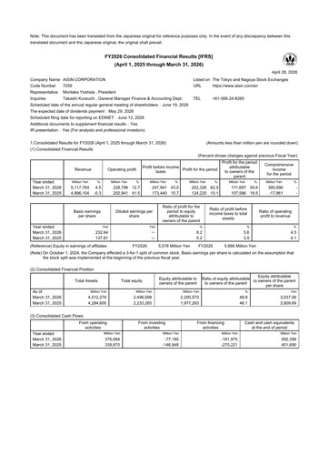 Thumbnail Aisin Seiki
 Financial Statement fy2026