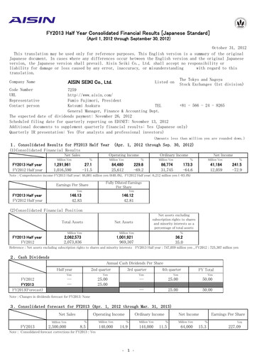 Vorschaubild Aisin Seiki
 Halbjahresbericht 2013-h1