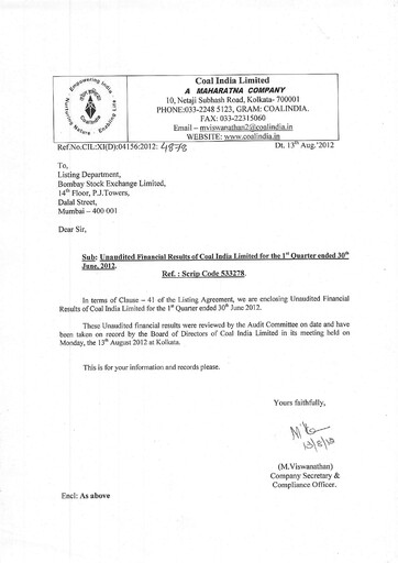 Vorschaubild Coal India Quartalsbericht 2012-q1