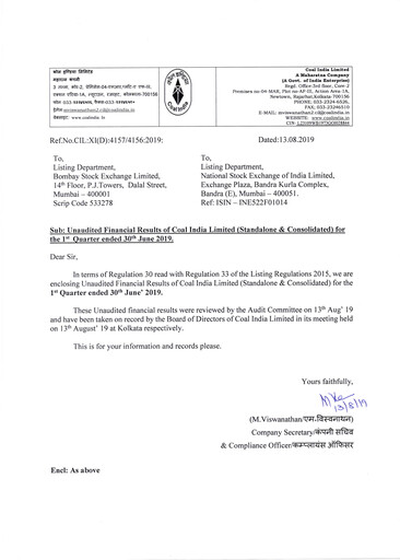 Vorschaubild Coal India Quartalsbericht 2019-q1