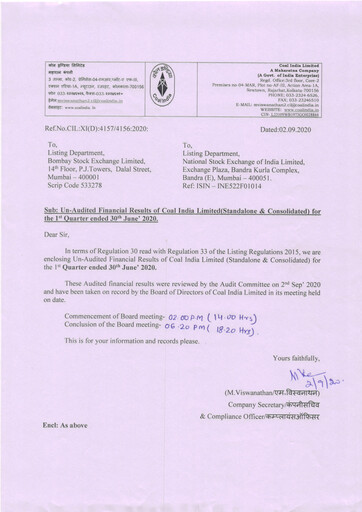 Vorschaubild Coal India Quartalsbericht 2020-q1