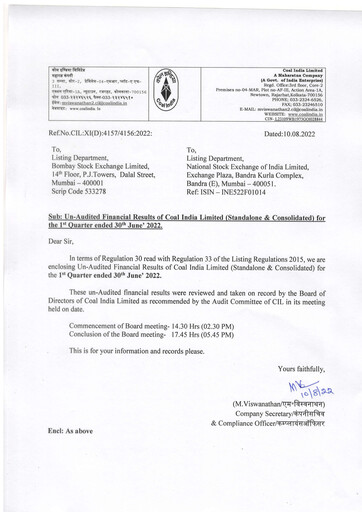 Vorschaubild Coal India Quartalsbericht 2022-q1