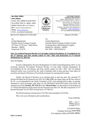 Vorschaubild Coal India Quartalsbericht 2023-q3