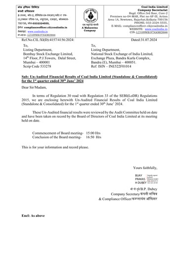 Vorschaubild Coal India Quartalsbericht 2024-q1