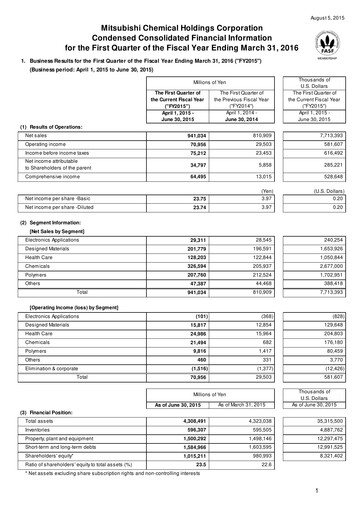Thumbnail Mitsubishi Chemical Holdings
 Quarterly Report 2015-q1