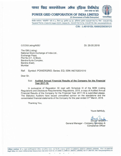 Miniature Powergrid Corporation of India
 Bilan financier 2017-2018