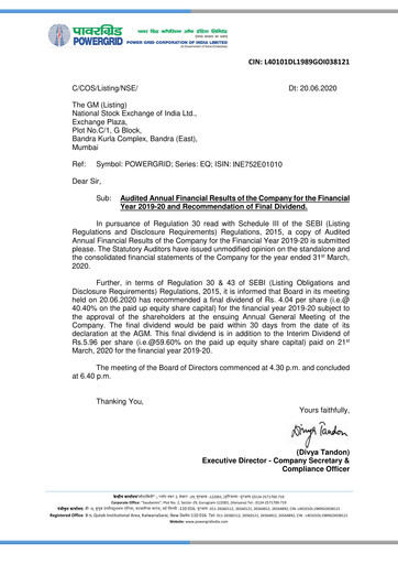 Miniature Powergrid Corporation of India
 Bilan financier 2019-2020