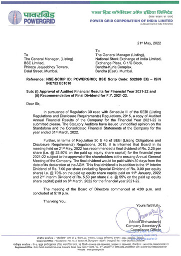 Miniature Powergrid Corporation of India
 Bilan financier 2021-2022
