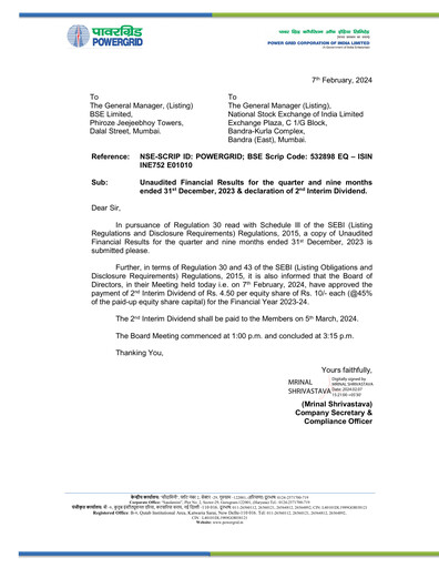 Thumbnail Powergrid Corporation of India
 Quarterly Report 2023-q3