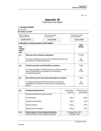 Thumbnail Pro Medicus Financial Report fy2007