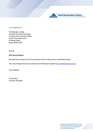 Thumbnail Whitehaven Coal Annual Report 2013