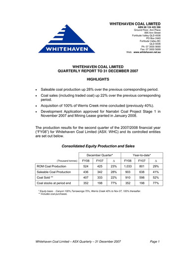 Thumbnail Whitehaven Coal Quarterly Report 2007-q4