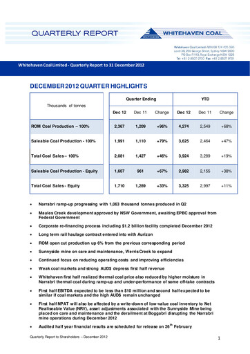 Thumbnail Whitehaven Coal Quarterly Report 2012-q4