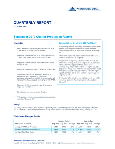 Thumbnail Whitehaven Coal Quarterly Report 2019-q3