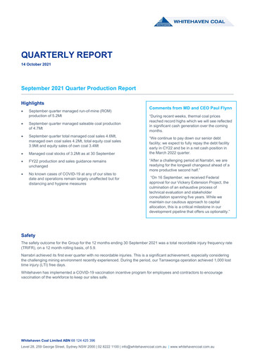 Thumbnail Whitehaven Coal Quarterly Report 2021-q3
