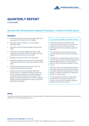 Thumbnail Whitehaven Coal Quarterly Report 2021-q4