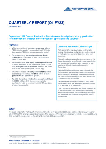 Thumbnail Whitehaven Coal Quarterly Report 2022-q3