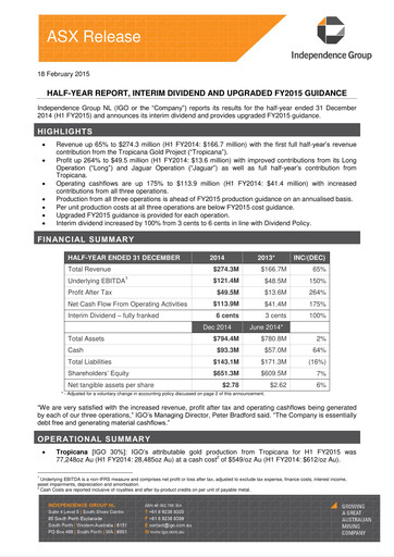 Miniature IGO Limited Rapport semestriel 2015-h1