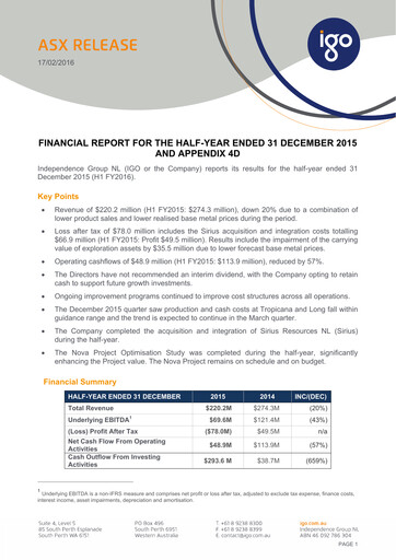 Miniature IGO Limited Rapport semestriel 2016-h1