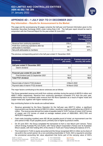 Miniature IGO Limited Rapport semestriel 2022-h1