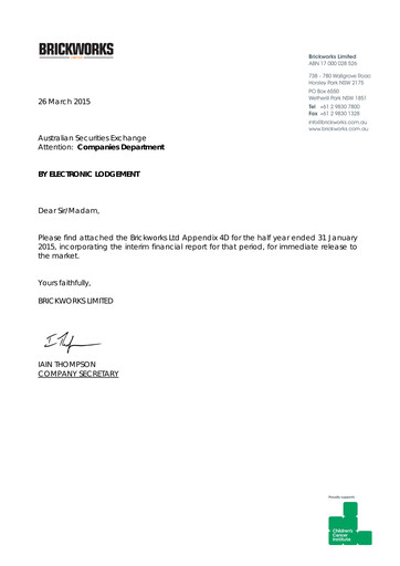 Thumbnail Brickworks Limited Half-year Report 2015-h1