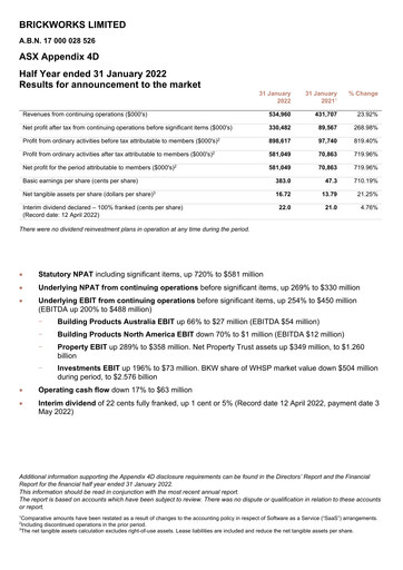 Thumbnail Brickworks Limited Half-year Report 2022-h1